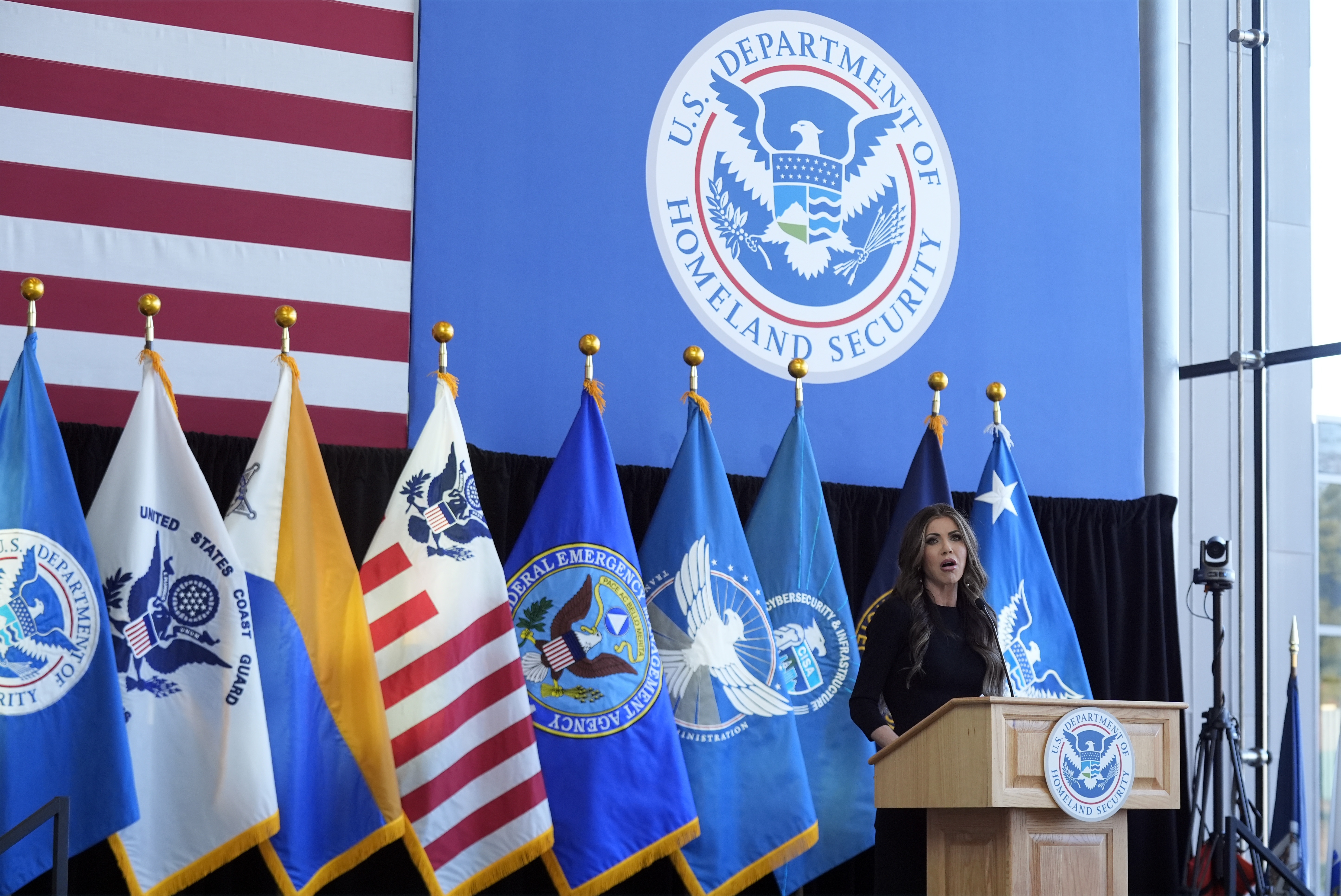 Homeland Security Secretary Kristi Noem speaking at the Department of Homeland Security headquarters in January 2025.